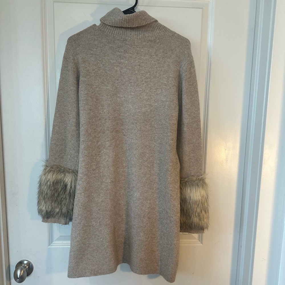 Boston Proper Tan Knit Wool Blend Faux Fur Cuffs Turtleneck Sweater Dress, Small